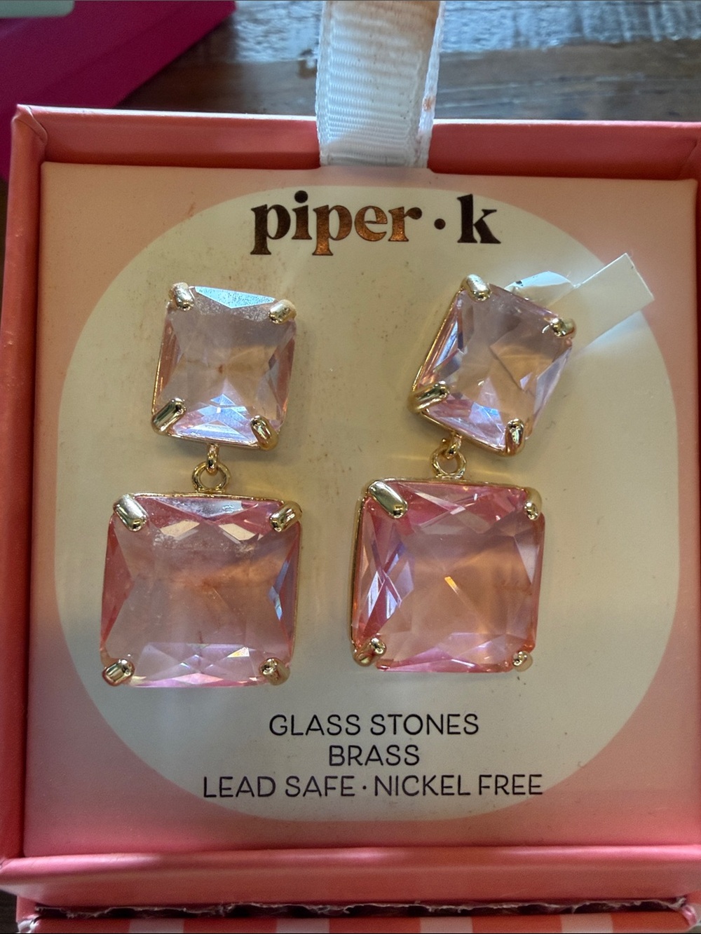PiperK Pink Faceted Glass Drop Earrings with Gold-Tone Setting